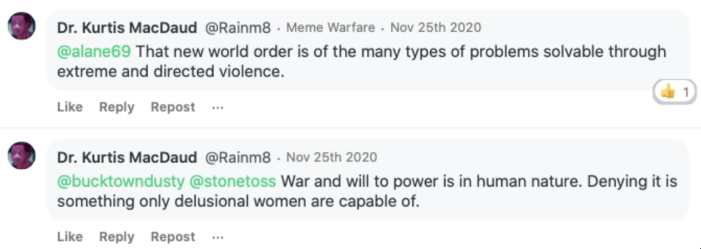 Trenin Bayless saying there is a need to commit violence and that women are incapable of this (his wife is a better shot than he is btw)